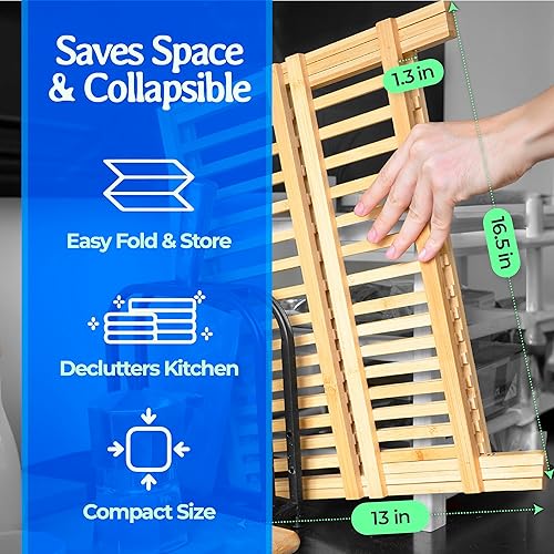 Miniatura 4 de Escurridor de platos de cocina para mostrador, platos plegables de madera de bambú, escurridor pequeño de 2 niveles