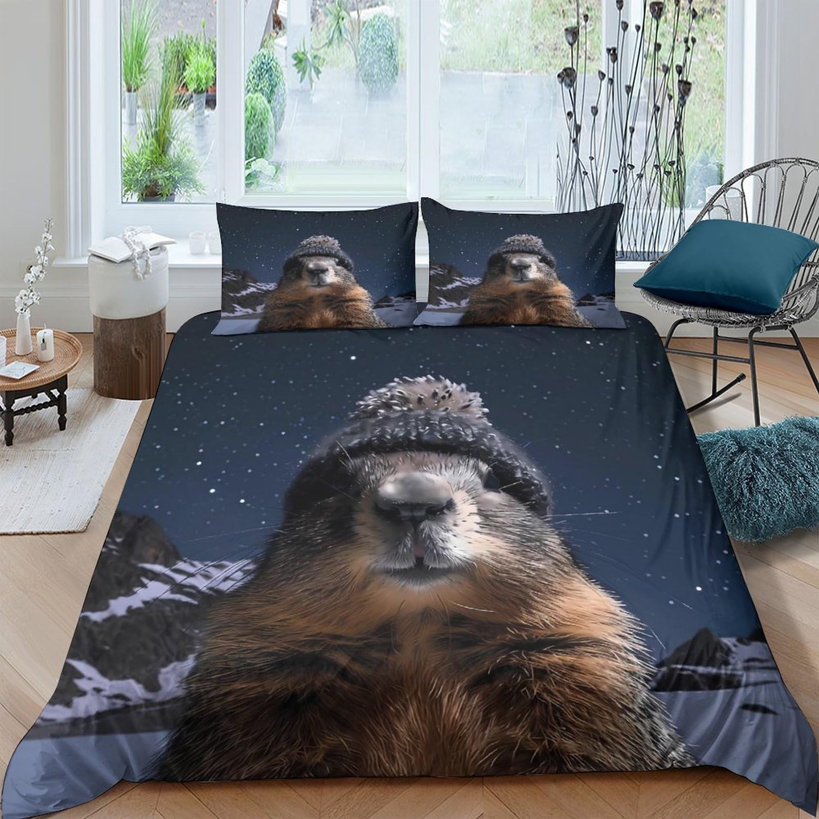 Ctjqhvkz Style-3 3D Printed Marmot Night Sky Fitted Sheet Microfiber Soft Breathable Winter Hat Bed Cover For Bedroom Dorm Mattress Decor Single（135X200cm）