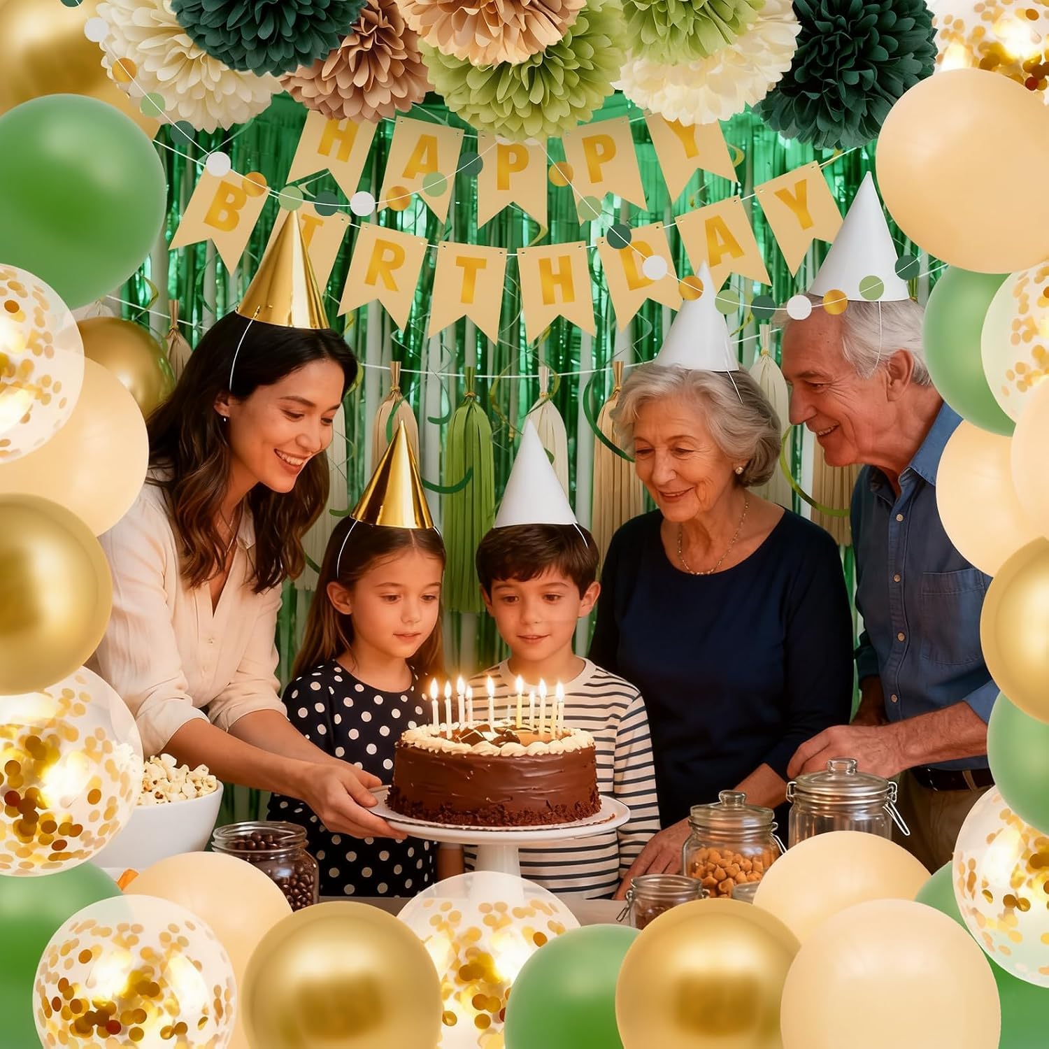 Décorations de fête d'anniversaire vert sauge, bannière « Happy Birthday », ballons confettis bohèmes imperméables de qualité, rideaux à suspendre, tourbillons faciles à assembler, ballons verts