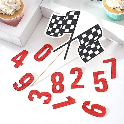 Miniatura 6 de Banderas de carreras para tartas de cualquier edadnúmero, decoración de pastel con purpurina para auto de carreras con temática de feliz cumpleaños,