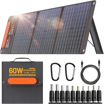 60W Portable Solar Panel Chargers with 15V USB and 18V DC, IP65 Waterproof Solar Panel with Lightweight Storage Bag, Fast Charging Foldable Panel Power Bank for Camping,Hiking, Cell Phone,Tablet
