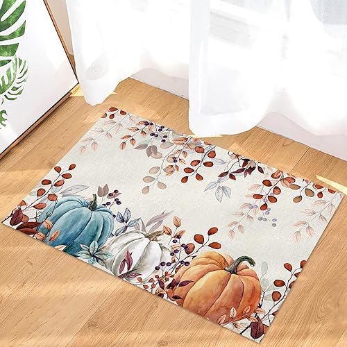 Miniatura 1 de Tapete para puerta de interior de Acción de Gracias, 18 x 30 pulgadas, tapete de bienvenida antideslizante para patio, color verde azulado, naranja,