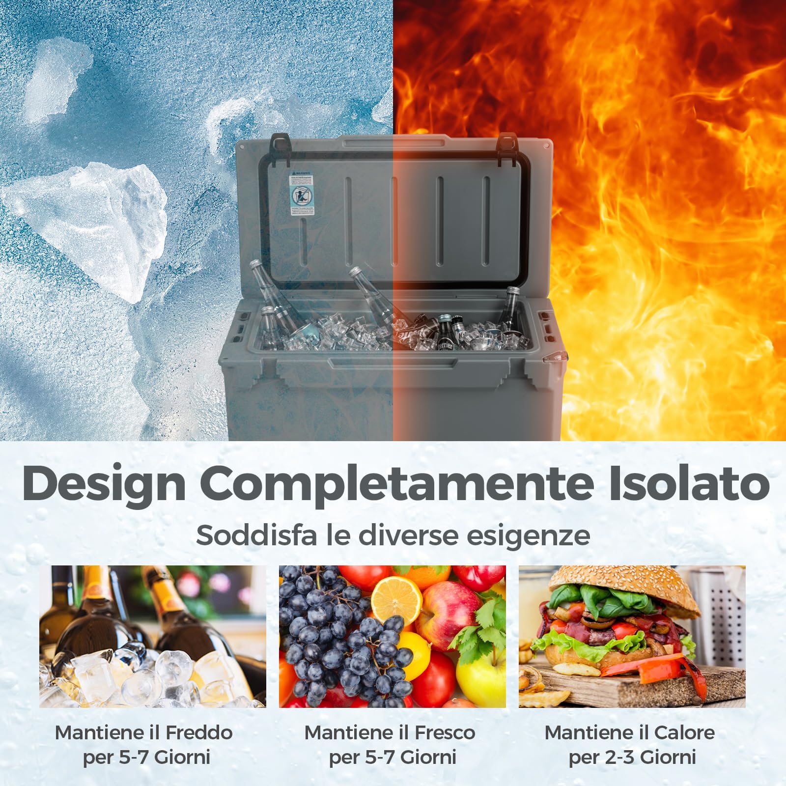 GYMAX 47L Borsa Termica Rigida Portatile, Ghiacciaia a Rotostampaggio con Portabicchieri, Righello e Apribottiglie, Ghiaccio Fino 5-7 Giorni, Frigo Passivo Anti-Perdite per Spiaggia (Grigio)