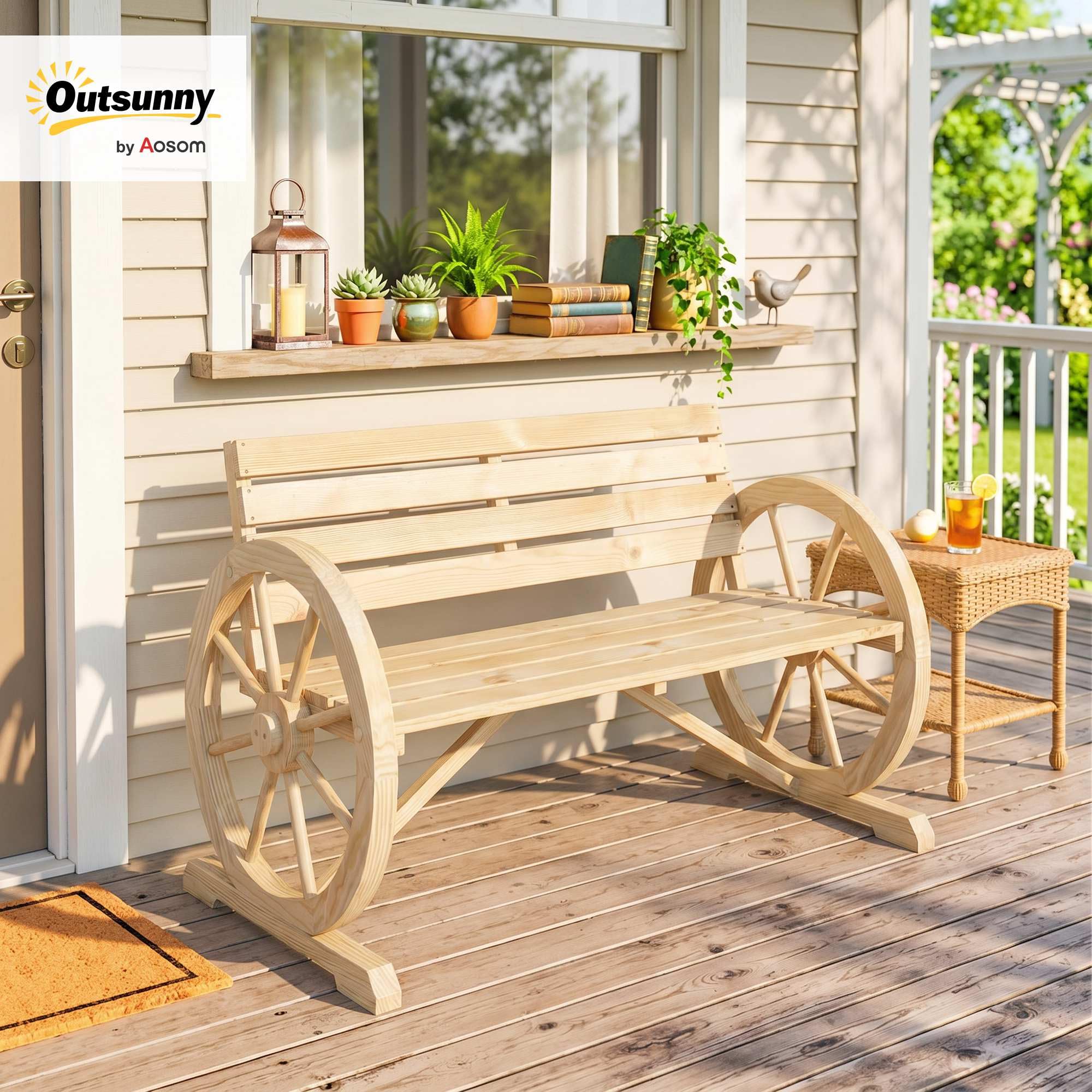 Outsunny Banc de Jardin Banc 3 Places Banc en Bois Style Rustique Chic accoudoirs Roues Charette Bois Sapin Effet Bois Naturel