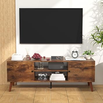 Rustic Style TV Stand Accommodates TV up to 60 Inches, Media Center.Featuring Two Storage Cabinets and Open Shelves.Media Center for Living Rooms,Bedrooms,Brown