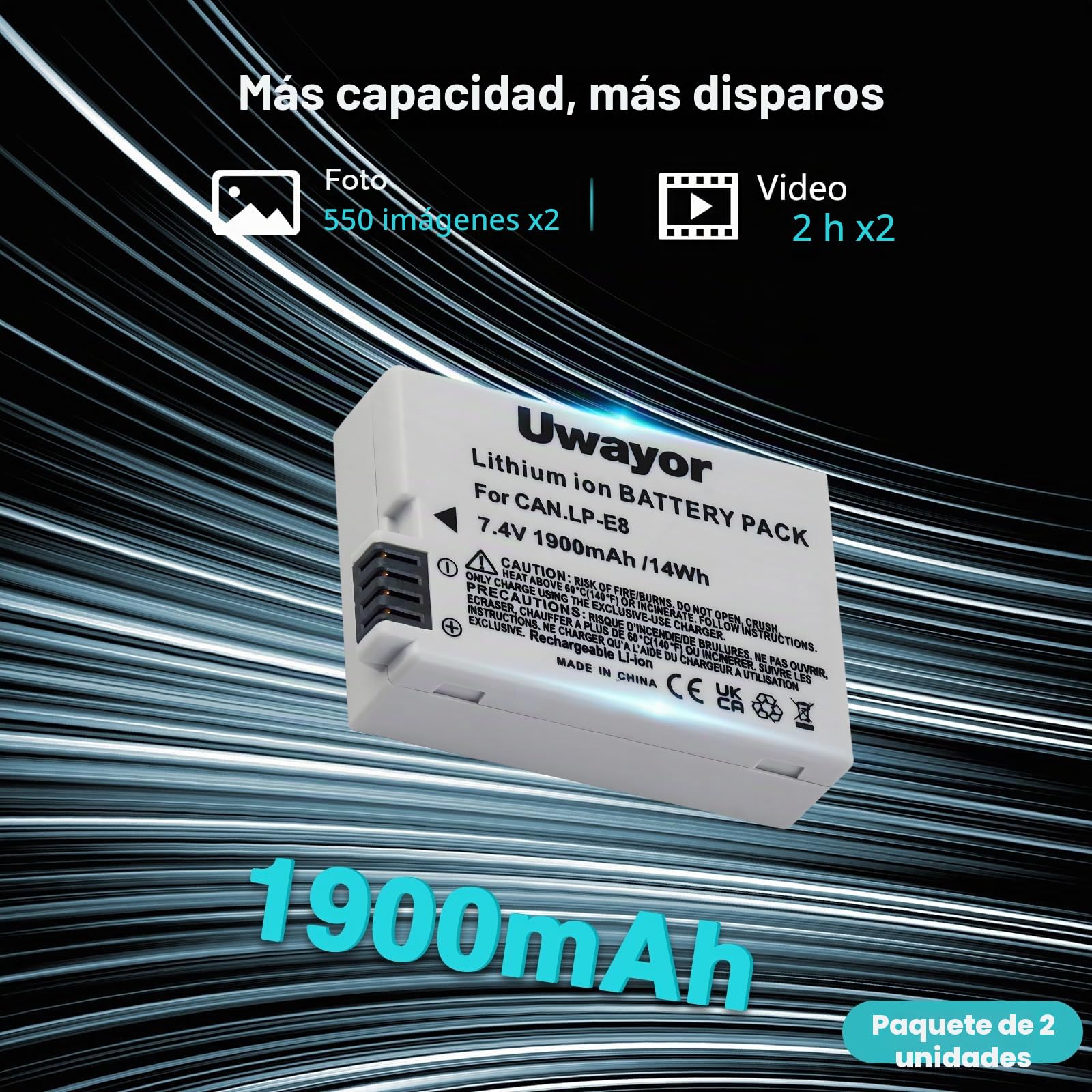 Batería LP-E8 para Canon LP-E8 (2 Unidades) y Canon EOS Cámara Digital Rebel T2i, T3i, T4i, T5i, EOS 550D, 600D, 650D, 700D, Kiss X4, X5, X6, X6i, X7i