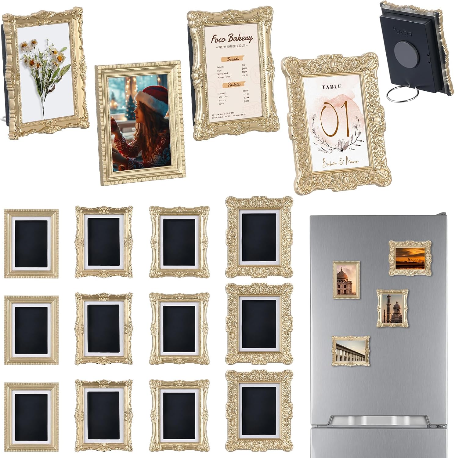 Wonderjune 20 Pcs Vintage Mini Picture Frames for 2.5"x3.5" Wallet Size Picture DIY Magnetic Fridge Magnets Small Gold Ornate Photo Frame Antique Table Decor for Wedding Menu(Vintage)