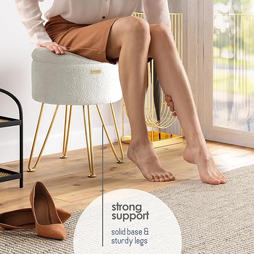 Miniatura 6 de STORAGEBUD Otomana redonda con almacenamiento, otomana de almacenamiento de bouclé, taburete otomano, taburete de cambiador, pequeños reposapiés,