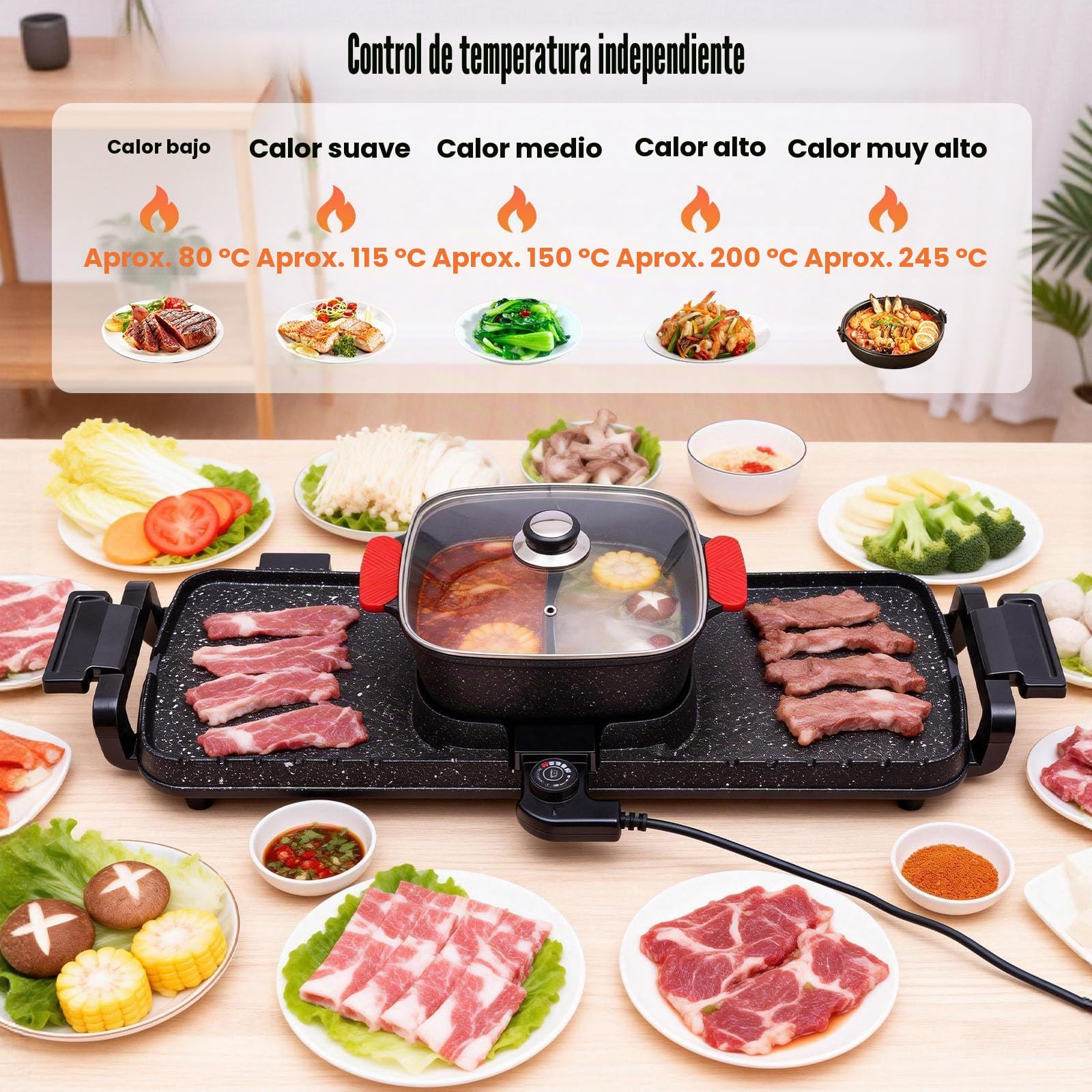 Barbacoa eléctrica 2 en 1, 1100 W + 2200 W, olla caliente multifuncional para barbacoa, olla caliente coreana de aluminio fundido, antiadherente multifuncional, doble control, shabu shabu, olla