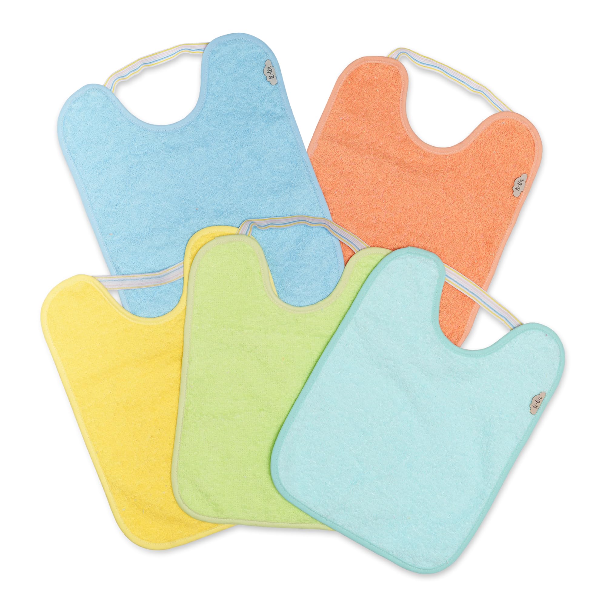 Ti TIN Pack 5 Baberos Bebé Impermeables y Absorbentes - 6 a 12 Meses - Ideal Guardería con Goma Elástica y Rizo de Algodón Extra Suave