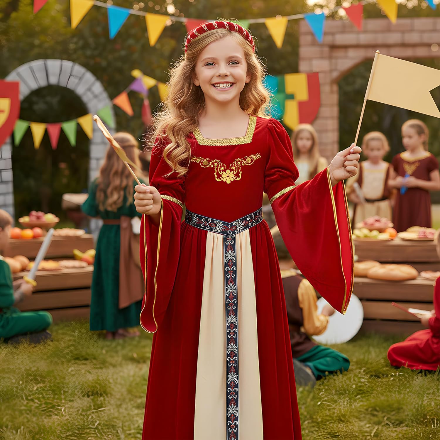 Medieval Princess Costume for Girls Vintage Dress Burgundy Court Dress for Girls Halloween Party Costume - Image 2