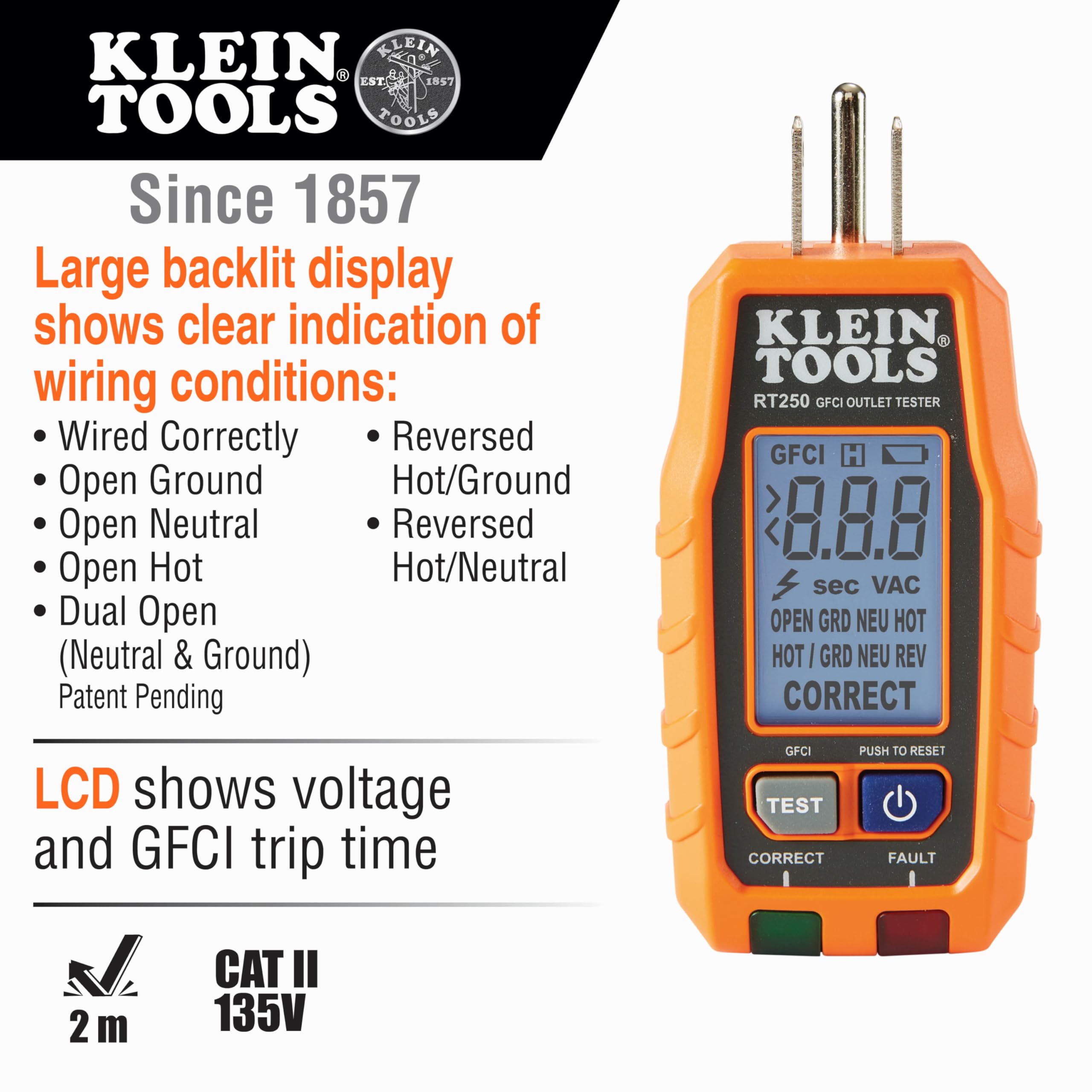 Klein Tools RT250KIT Tester di tensione senza contatto e tester di presa GFCI con LCD e torcia elettrica, kit di test elettrici di tensione
