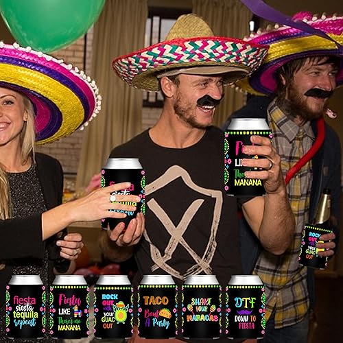 Miniatura 5 de Apinwin 12 fundas coloridas para latas de fiesta mexicana, fundas para latas de cumpleaños para fiestas de taco, cumpleaños, fiesta mexicana, Cinco