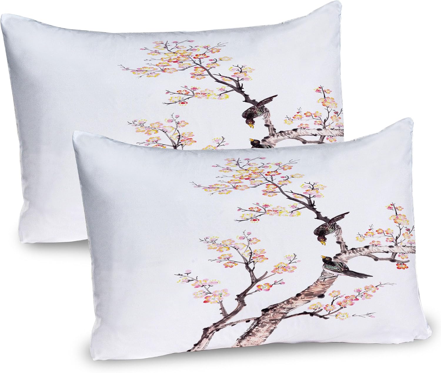 Ambesonne Art Pillow Sham Set of 2, Traditional Chinese Paint of Flowers Plum Blossom Birds on Tree Romance Print, Quality Microfiber Bedding Item for All Seasons, 26" x 20", Pale Yellow Brown