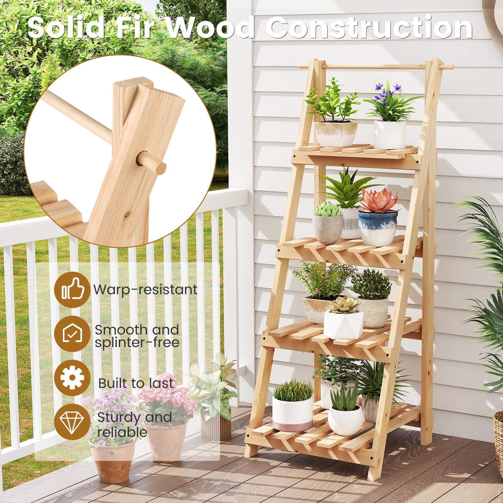 HOMASIS Porte-plantes d'intérieur à 4 étagères, étagère présentoir à escalier en bois d'épicéa, support pour plantes pliable et multifonctionnel pour salon, entrée, 38 x 52 x 109 cm, naturel