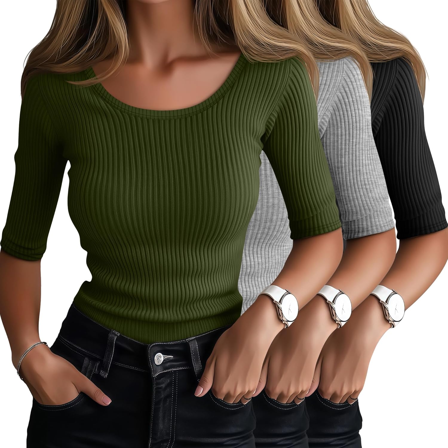 Ficerd 3 Pack Elbow Length Shirts for Women Half 1/2 Sleeve Tops Scoop Neck Ribbed Slim Fit Basic Tee 2025 Summer Trendy