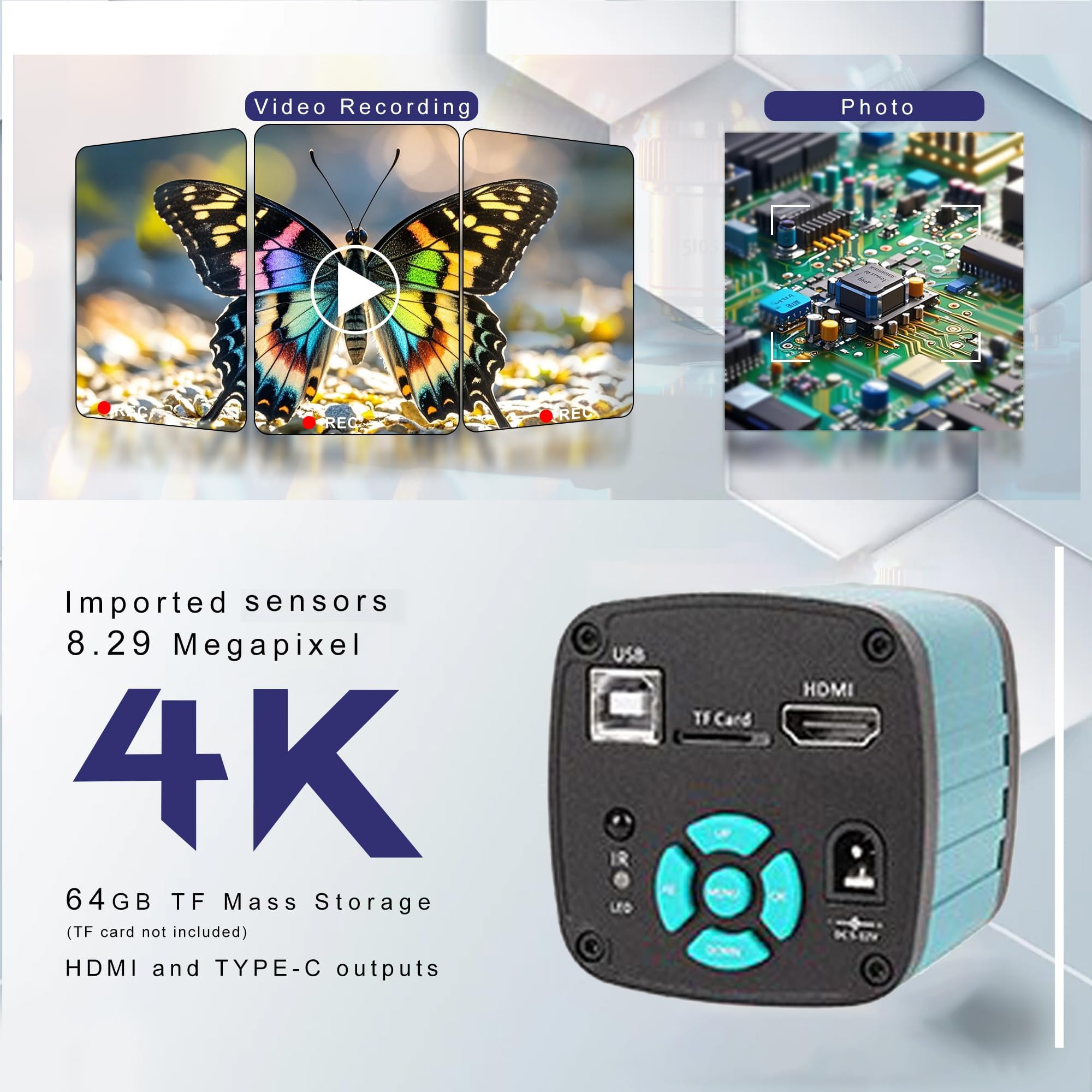 Set di microscopi video digitali, kit di accessori per telecamera elettronica USB HDMI 4K con telecomando e luce ad anello a LED, obiettivo grandangolare 180x, con slot per schede TF