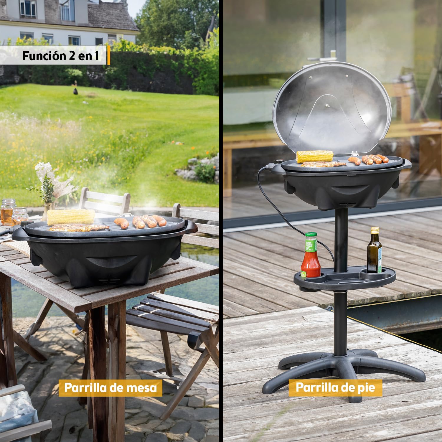 TZS First Austria - Barbacoa eléctrica 2 en 1 de mesa y suelo 2400W - BBQ con pedestal para balcón y terraza con tapa y estante - Parrilla esférica con termómetro y bandeja recogegrasas