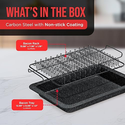 Miniatura 10 de Bandeja de tocino  Juego de 2 piezas  Revestimiento de mármol  Bandeja de cocción duradera antiadherente para tocino  Bandeja de piedra blanca y