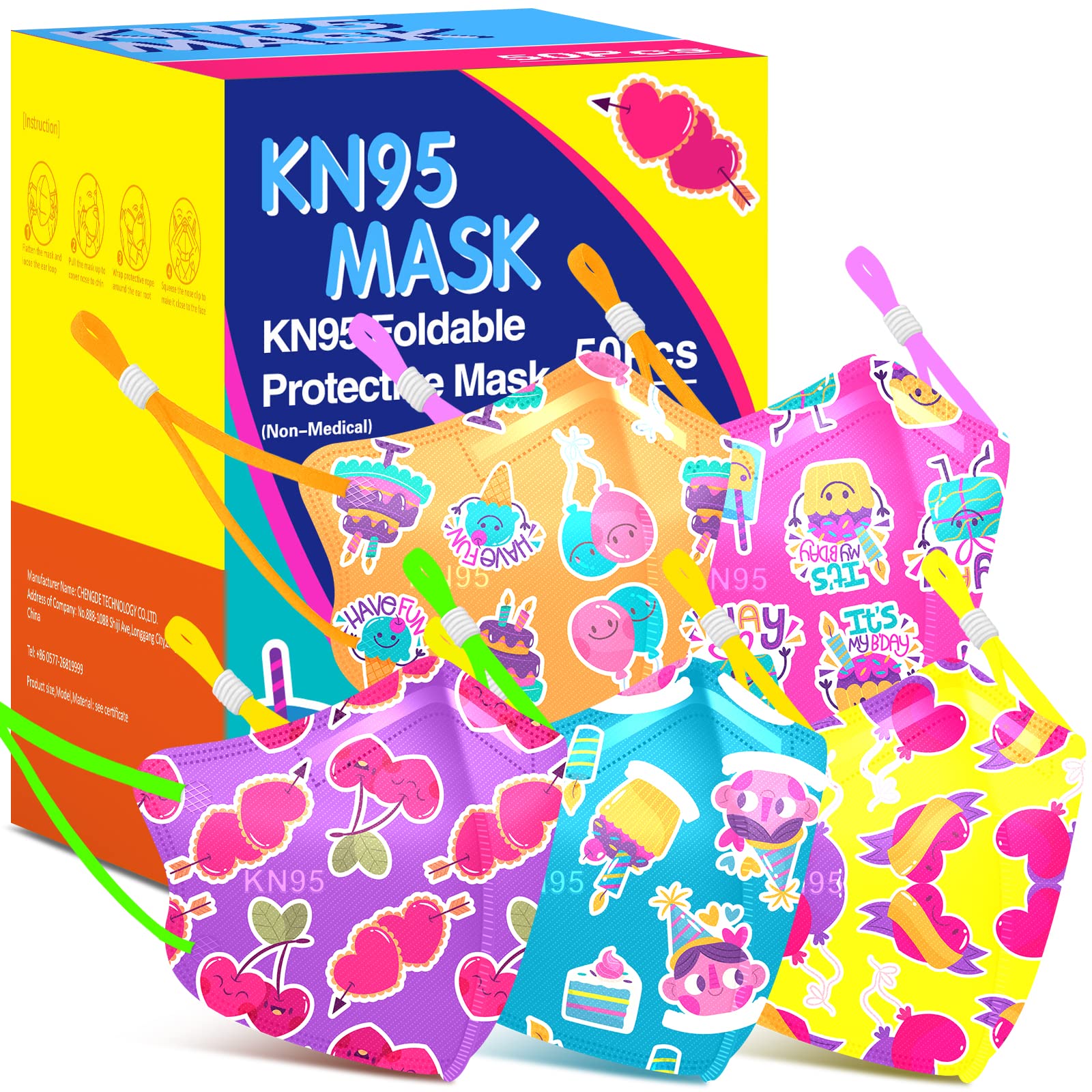 Kids KN95 Face Masks for Children 50 Pack, Assorted Cake Print Kid Disposable Face Masks for Boys and Girls Aged 2-12 with Adjustable Earloop