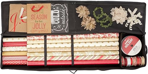 Miniatura 5 de mDesign Bolsa larga de almacenamiento de papel de regalo con asas, soporte para Navidad y vacaciones, caja organizadora  Tapa con cremallera para