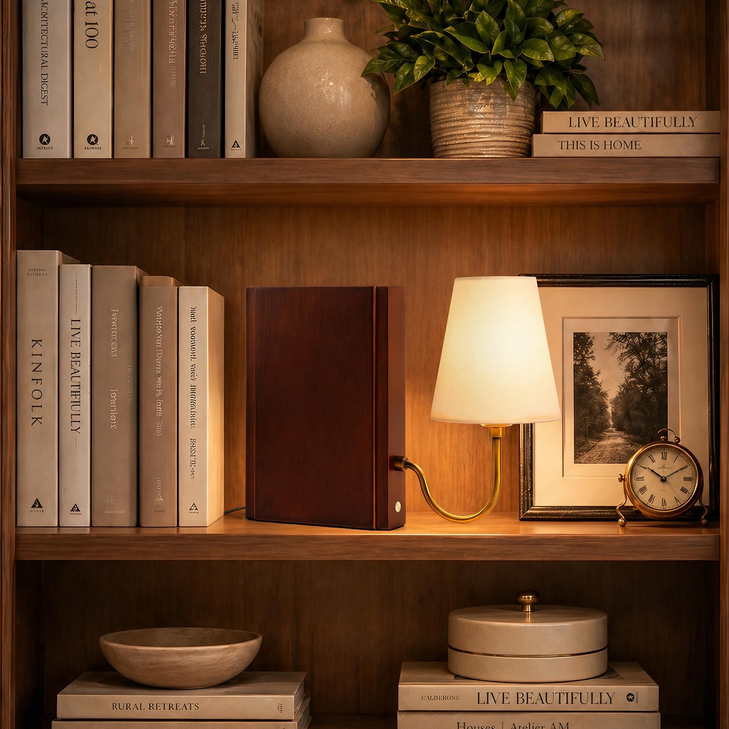 AELS Lampada da libreria in legno con lampadina, lampada da tavolo con paralume in lino, controllo touch dimmerabile in 3 colori, fermalibri decorativo moderno, lampada per libri, per ufficio, casa