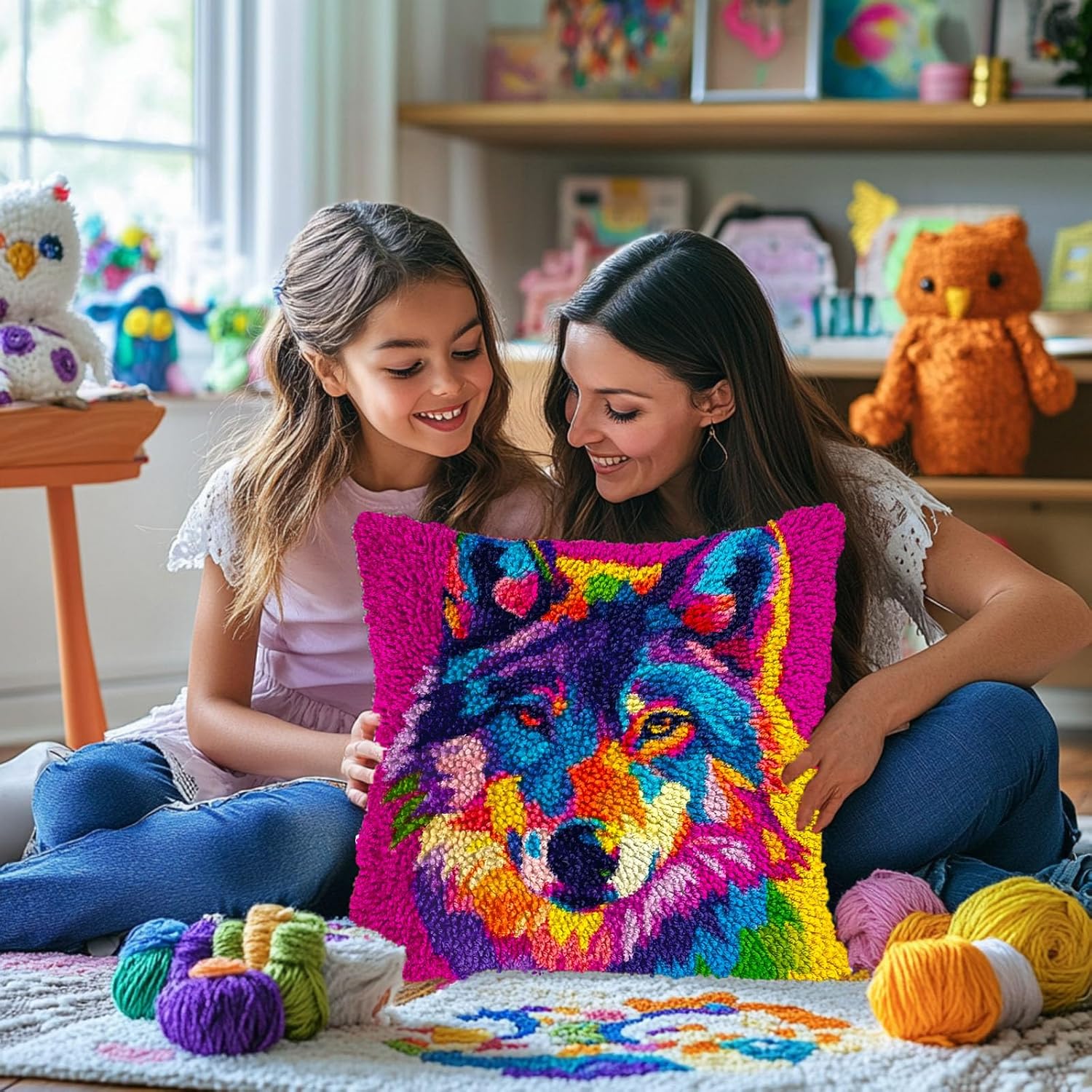 Animal Colorful Wolf DIY Latch Hook Pillow Kits for Adults Printed Pillowcase Crochet Yarns Hooking Handmade Pillow Cover Cushion for Home Sofa Decoration 17x17inch