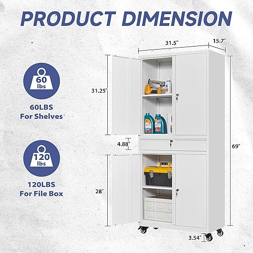 Miniatura 10 de Armario de almacenamiento de garaje con cerradura, gabinete de almacenamiento de acero de 72 pulgadas con puertas y 4 estantes ajustables, gabinete