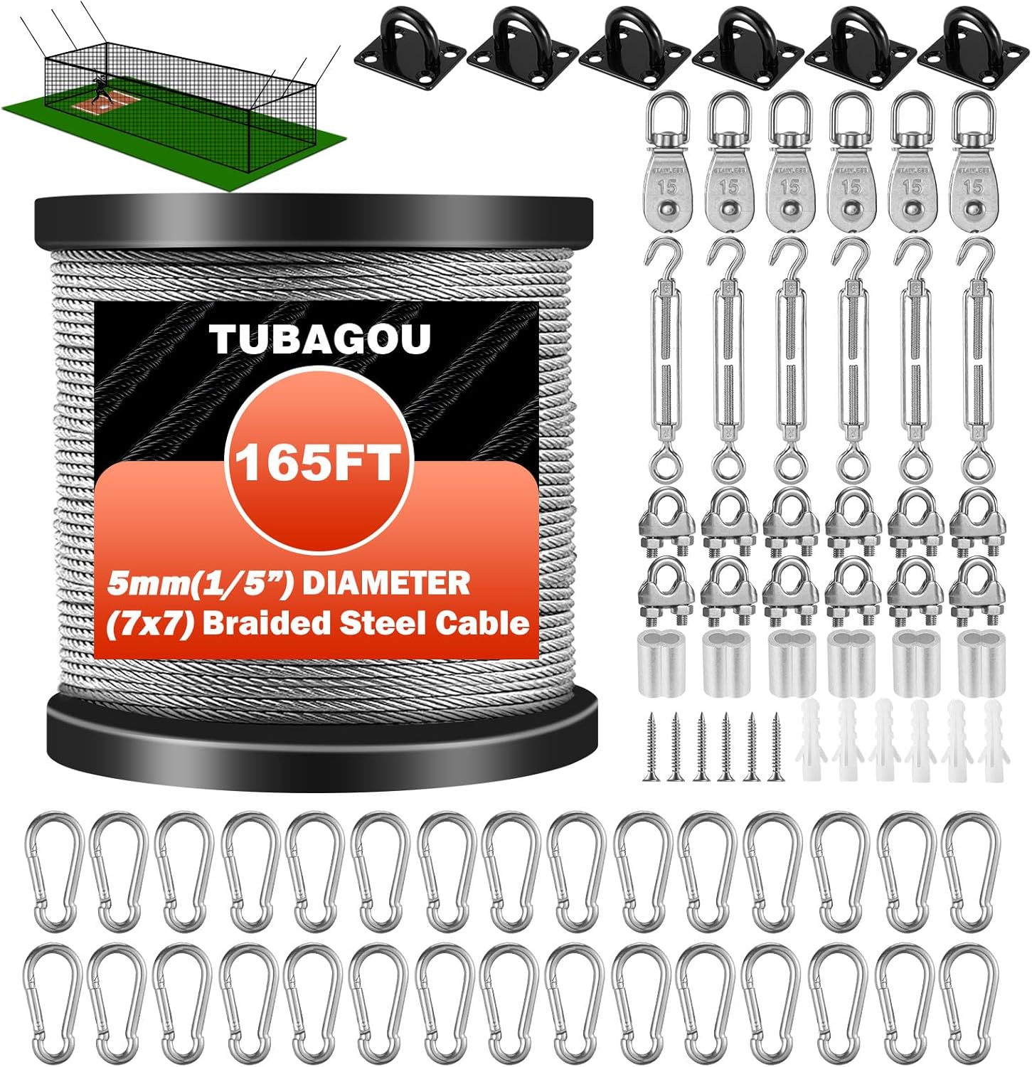 35FT Baseball Batting Cage Kit with Net – Complete Batting Cage Netting & Steel Cable Suspension System for Backyard Baseball & Softball Training, Durable DIY Batting Practice Cage