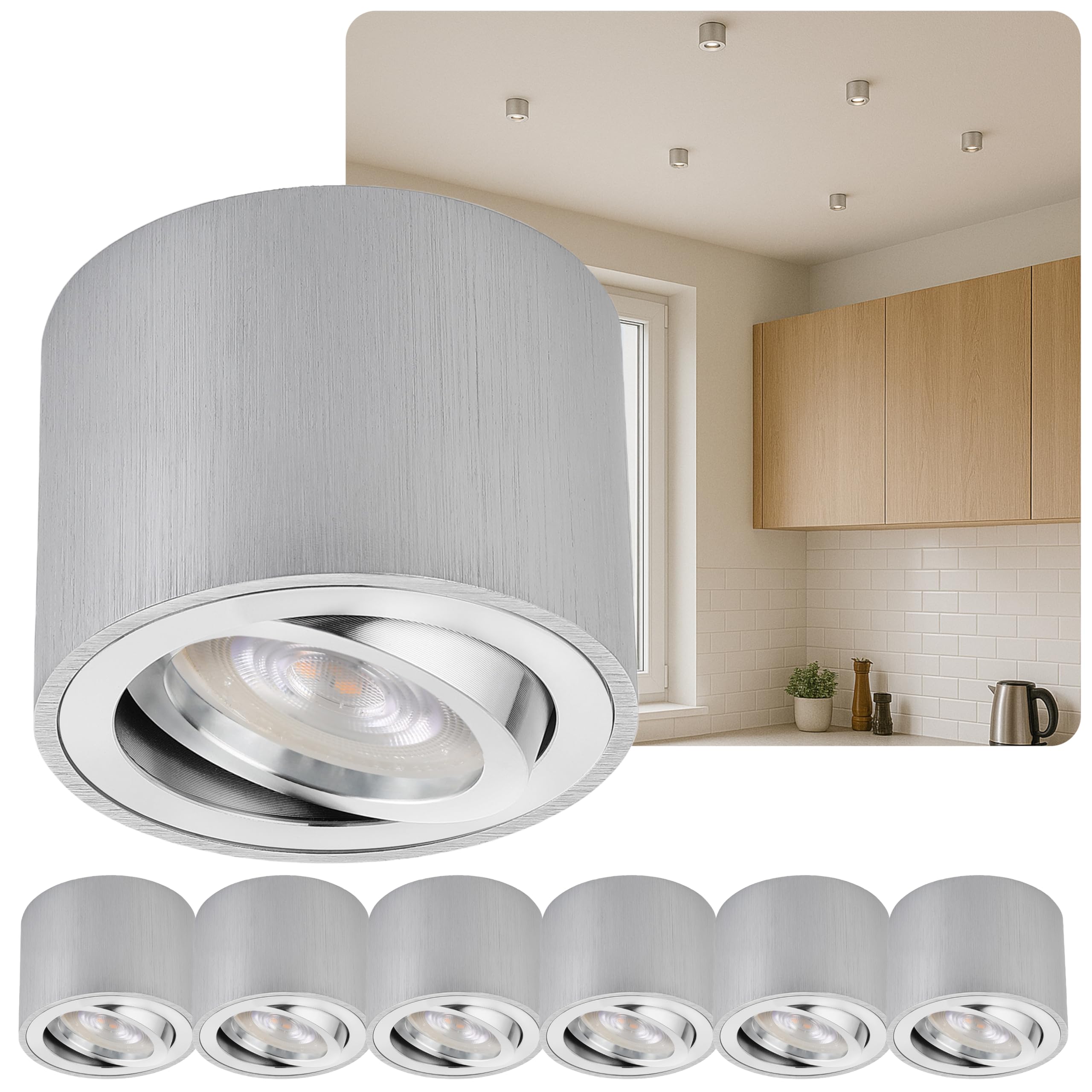 6er Set LED Aufbauspot Aluminium Gebürstet Silber Flach Ø80x50mm – 5W 3000K Warmweiß – Schwenkbar – Deckenspot Aufputz 230V – Wechselbares LED Modul