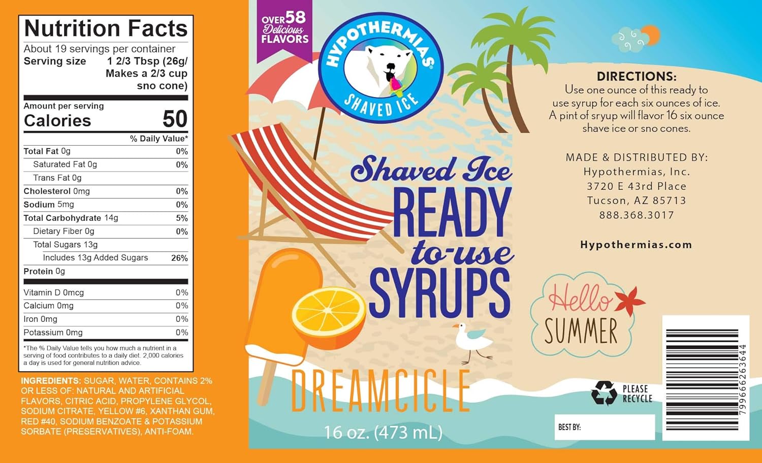 Hypothermias Shaved Ice & Snow Cone Syrup 3-Pack, 16 Fl Oz Pints - Blue Raspberry, Tiger’s Blood, Dreamsicle - Made with Pure Cane Sugar, No Corn Syrup