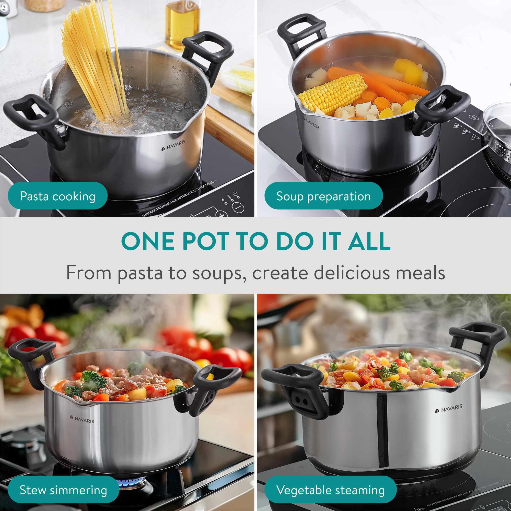 Navaris Pentola per Pasta in Acciaio Inox - Pentolone Induzione Grande - per Diversi Piani di Cottura - per Bollire Pomodori Spaghetti e Brodo - Lavabile in Lavastoviglie - 5,3 L