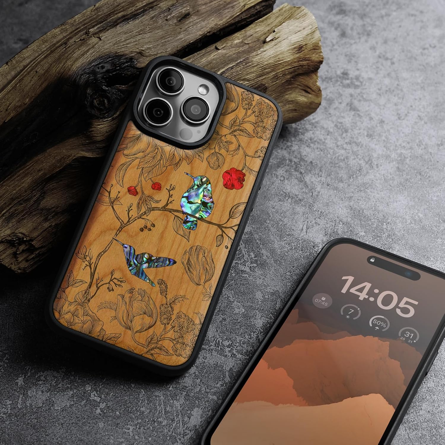 Carveit Magnetic Case for iPhone 16 Pro Max Case, Wood Artisan Engraved & Handmade Shell Inlaid, TPU Shockproof Cover, Compatible with MagSafe Wireless Chargers (A Dance of Flora and Avian) Cherry