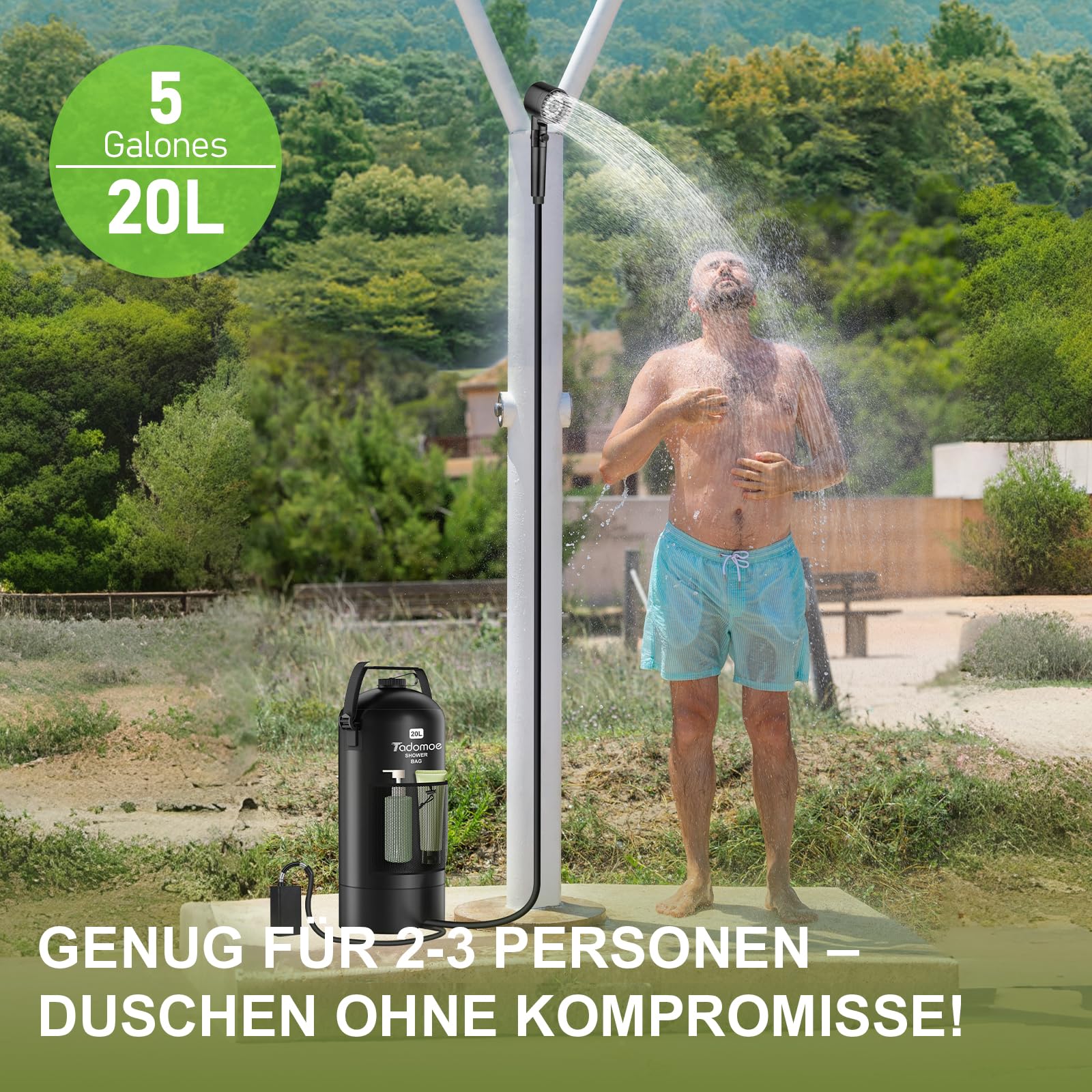 20L Camping dusche mit pumpe, 2000mAh Solardusche mit Camping Tasche Und Düse, für Camping Strand Wandern Reise