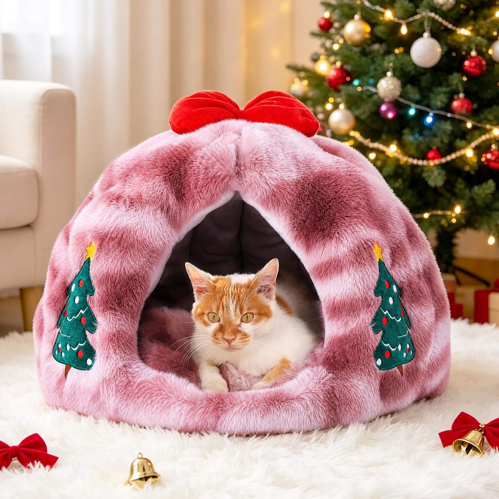 Rywell Plush Cat Igloo Cave Bed, Enclosed Cat Hideaway, Christmas Edition