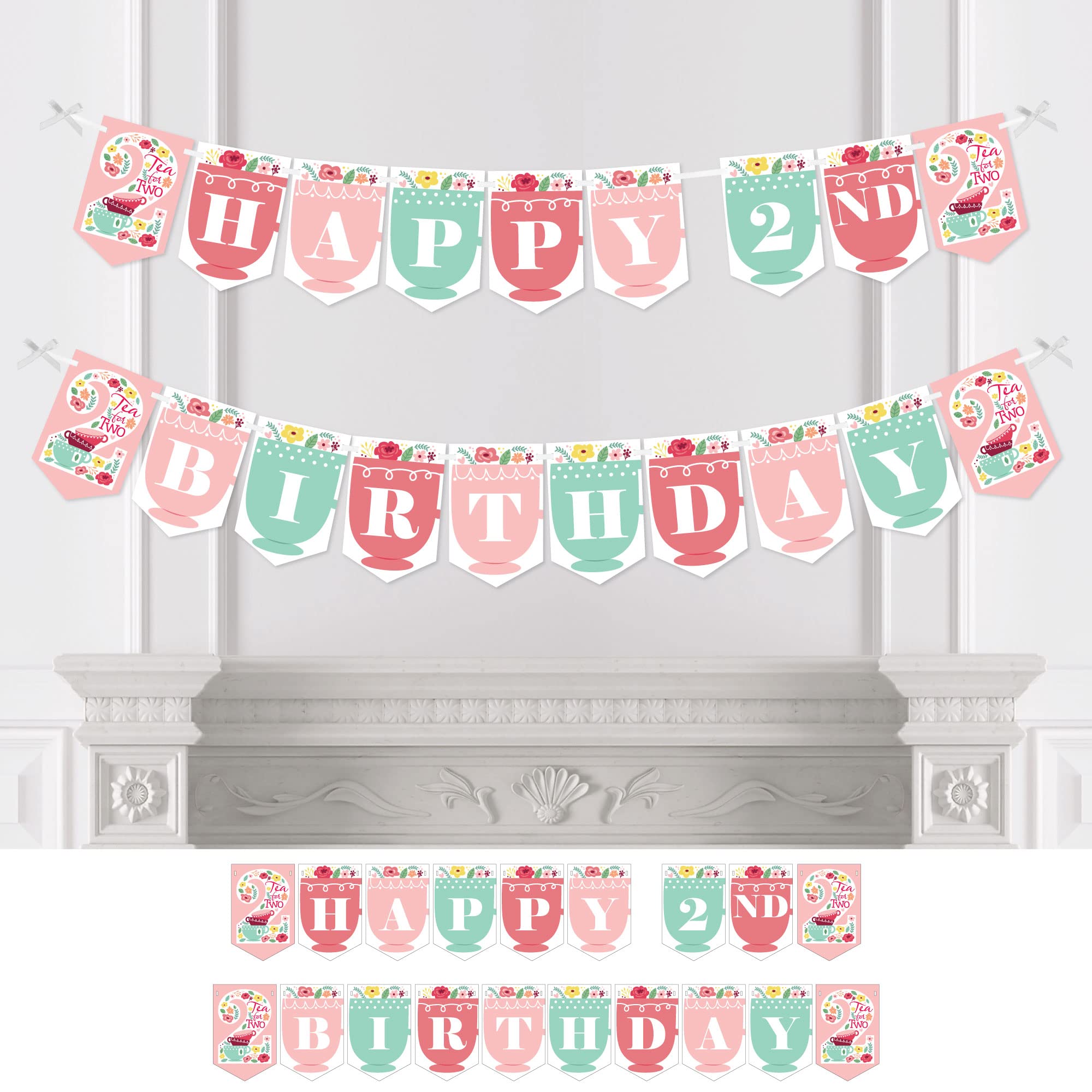 Big Dot of Happiness 2nd Birthday Tea for Two - Garden Second Birthday Party Bunting Banner - Party Decorations - Happy 2nd Birthday