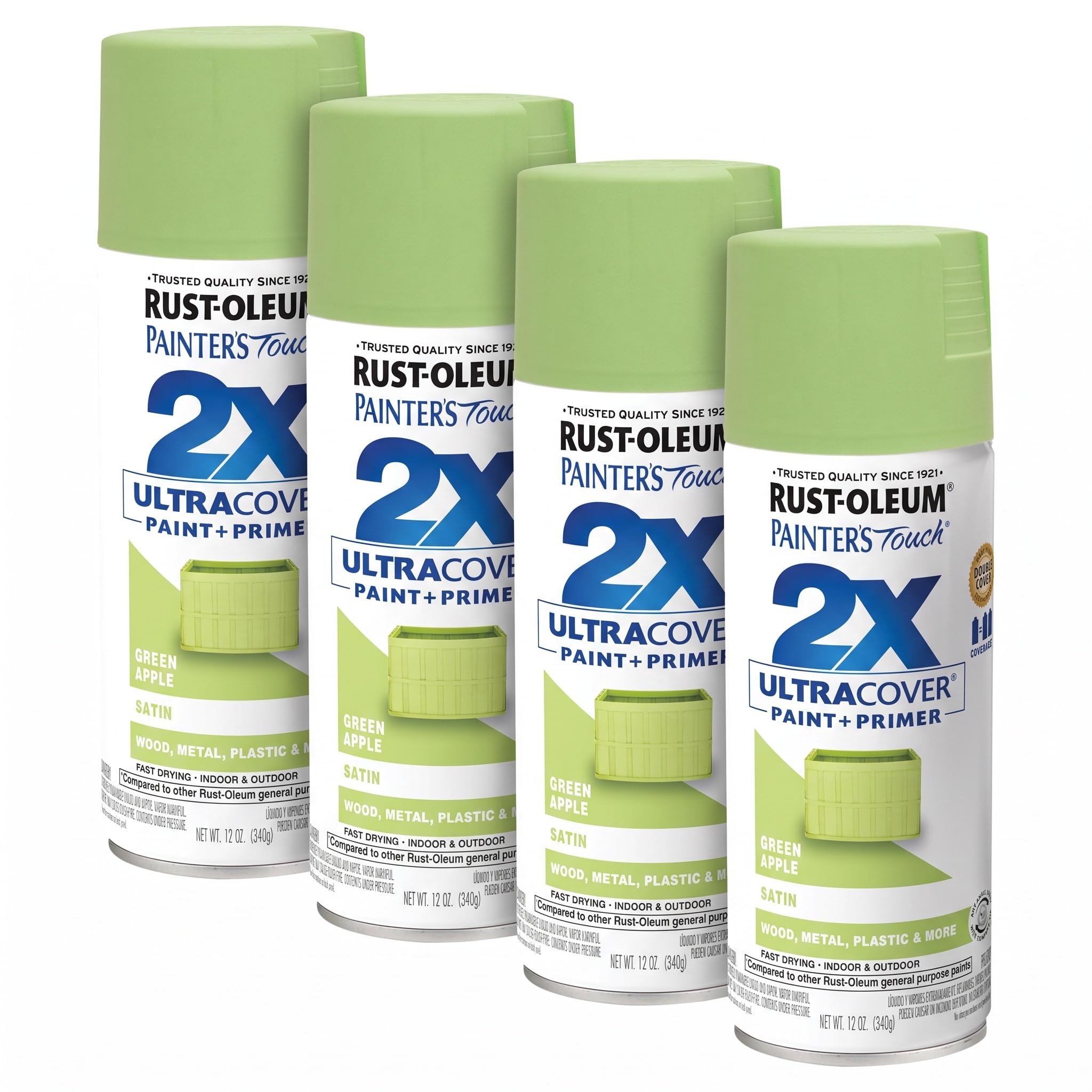 Rust-Oleum 334070 Painter's Touch 2X Ultra Cover Spray Paint, 12 oz, Satin Green Apple (Pack of 4)