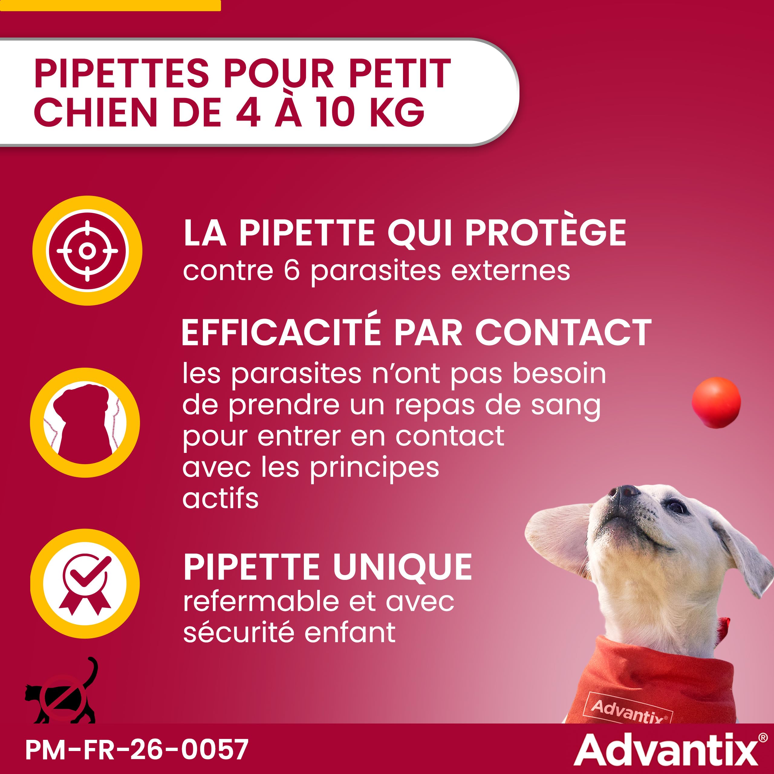 Advantix Petit Chien entre 4 et 10 kg – Pipettes pour chien contre 6 parasites – Traitement en pipette pour une protection en continu pendant 4 semaines – 4 x 1,0 ml
