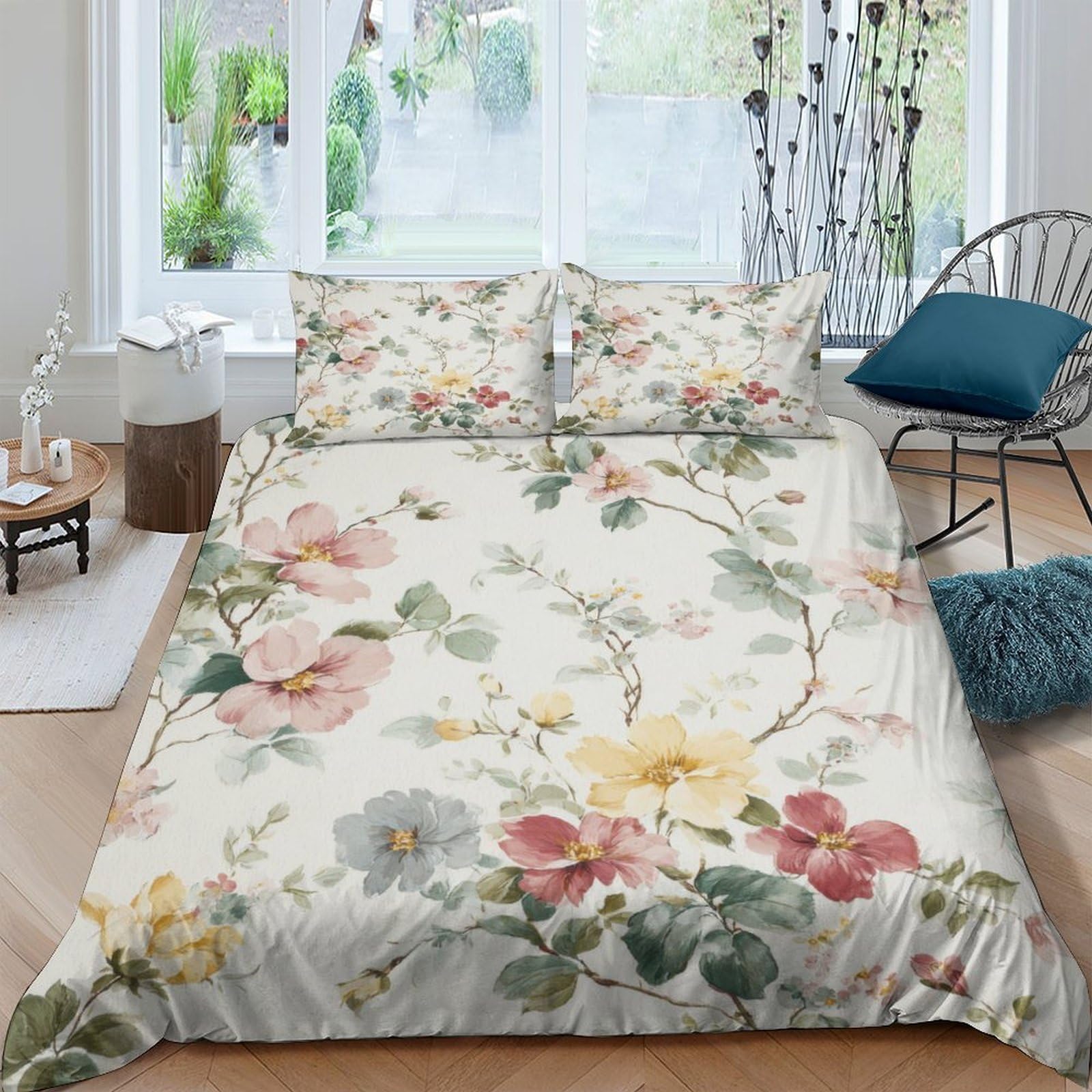 GPLZQXKJNH 3D Printed Floral Garden Duvet Cover Microfiber Soft Breathable Botanical Bedding Set with 2 Pillowcases for Bedroom Decor Single（135x200cm）