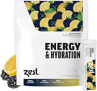 Zest Hydration & Preworkout Energy Drink Packets – Clean Electrolyte Powder with 250mg Caffeine - 14 Energy Powder Sticks for Running & Endurance, BlackBerry Lemonade Flavor