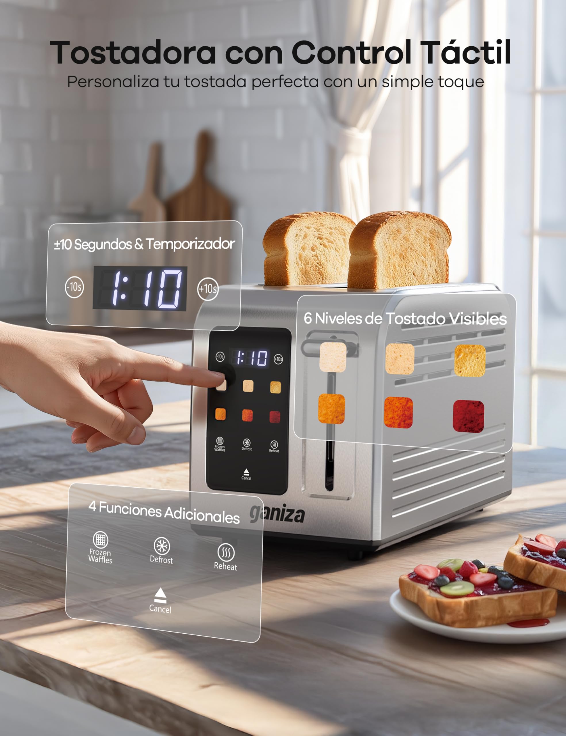 Ganiza Tostadora Inteligente para 2 Rebanadas, Acero Inoxidable con Pantalla Táctil, 6 Niveles de Tostado,Temporizador Digital, Ranura Ancha, +/-10 s, Bandeja Recogemigas, 925 W