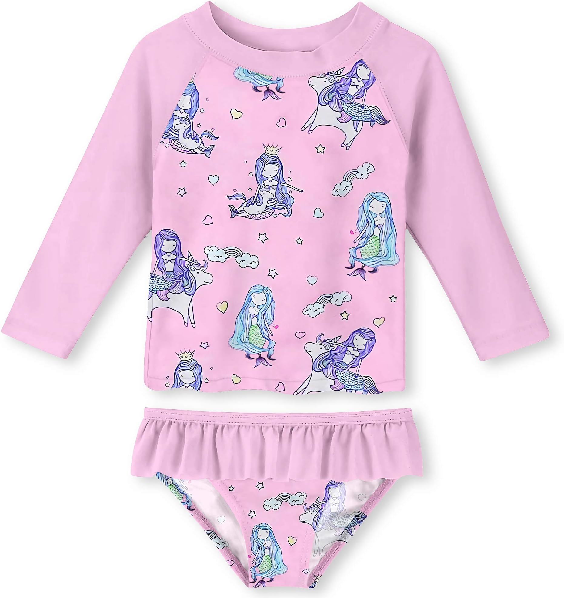 UNIFACO Little Toddler Girls Pink Long Sleeve Two Pieces Swimsuit Rashguard Set Tankini for Summer Beach Party Size 2T