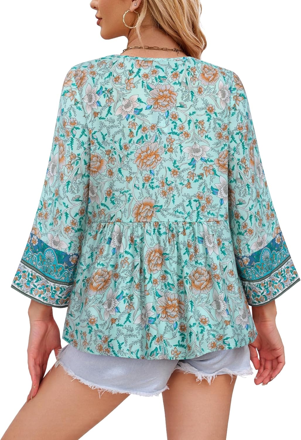 Unixseque Summer Boho Womens Tops Floral Print Dressy Casual V-Neck Tie Front Trendy Fall 3/4 Sleeve Blouses - Image 5