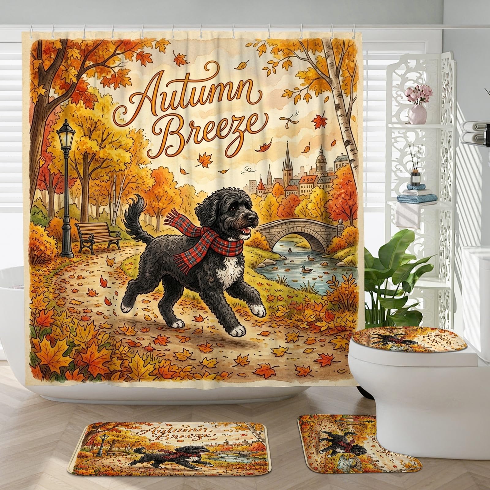 Rideaux de douche avec tapis de couvercle de toilette en U pour accessoire bain