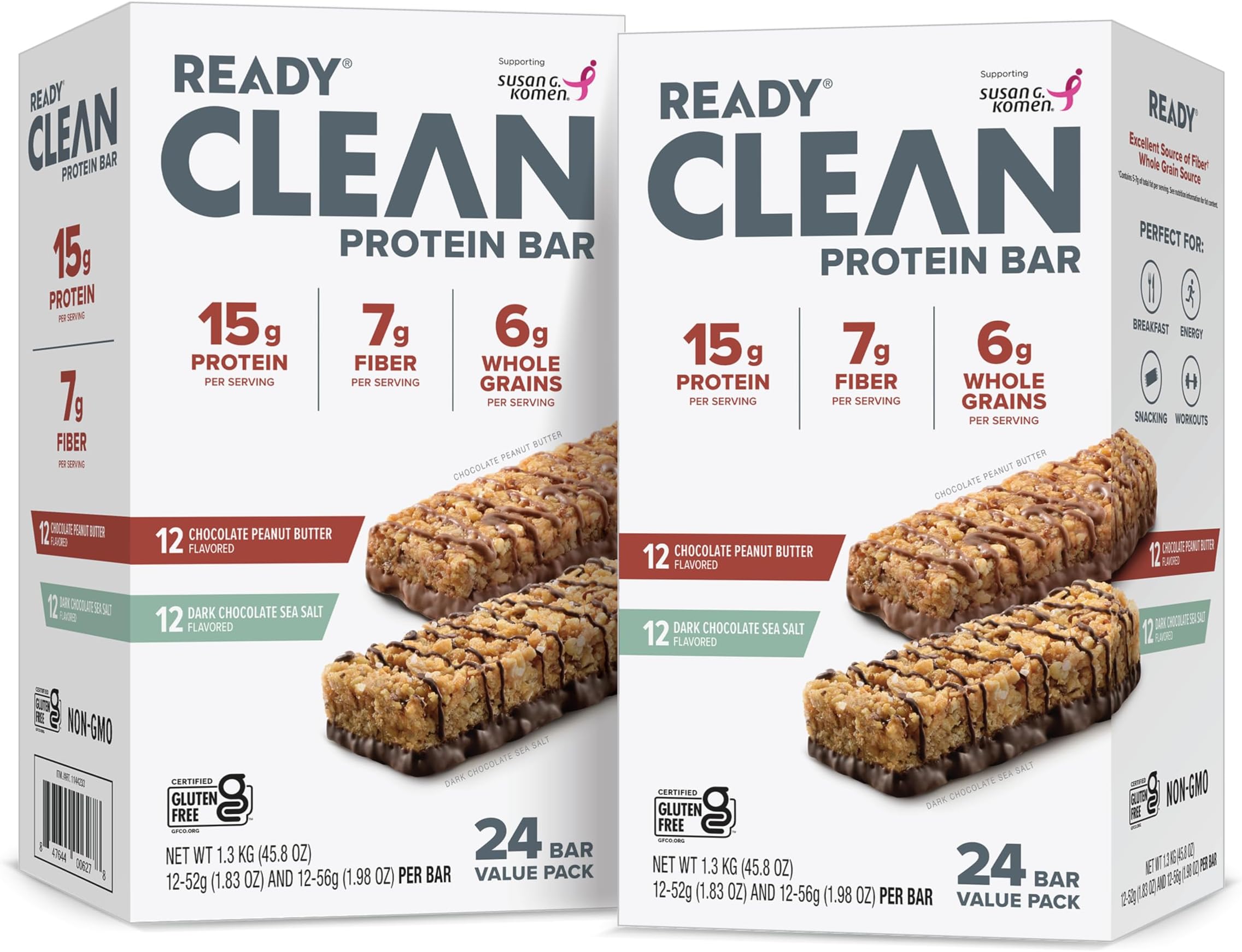 Ready® Protein Bars Twin Pack - High-Protein Snack with 15g Whey Protein, With Flaxseeds and Omega-3s for Sustained Energy, Supports Lean Muscle and Recovery, No Artificial Sweeteners - 48CT Variety Pack (2x 12ct Chocolate Sea Salt and 2x 12ct Chocolate Peanut Butter)