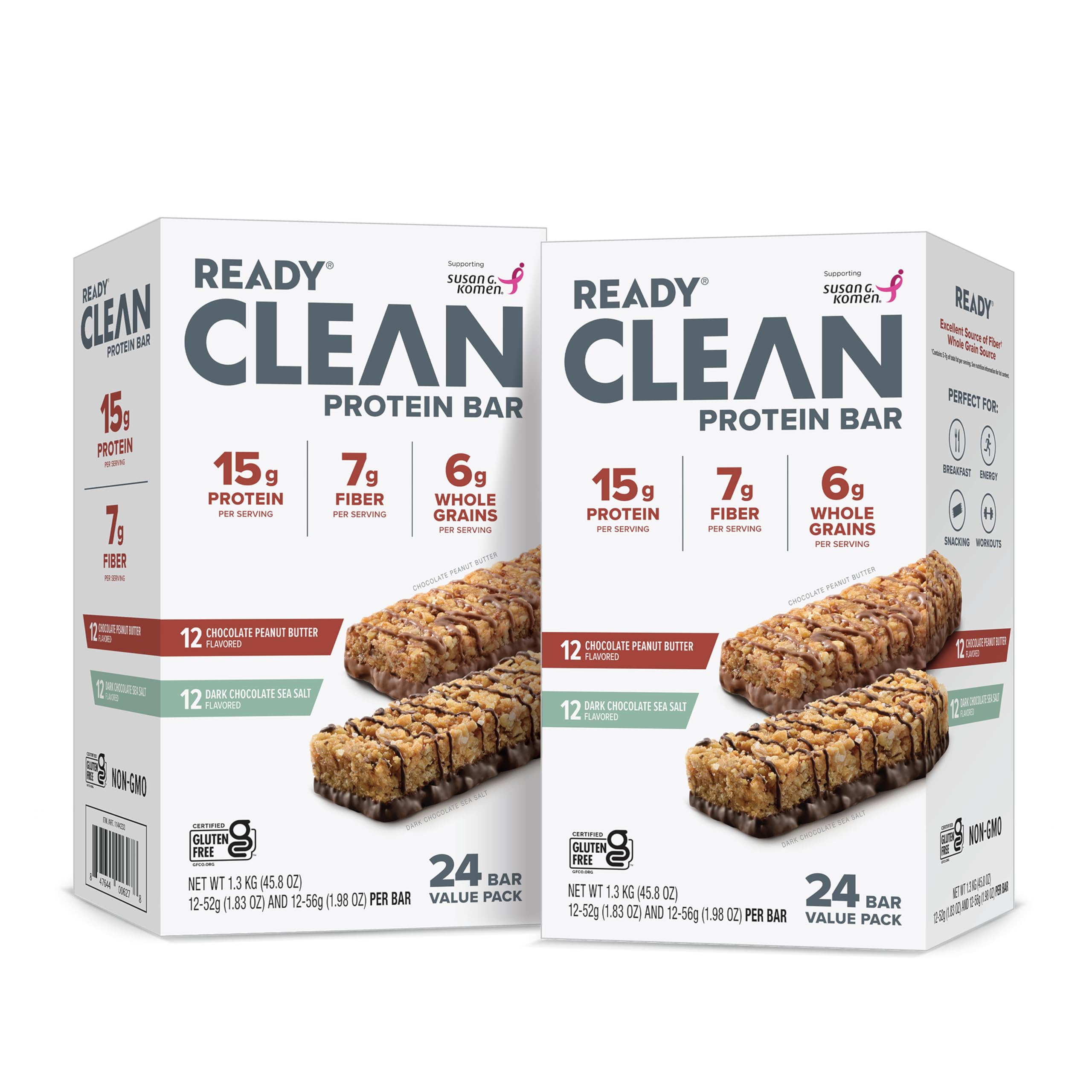 Ready® Protein Bars Twin Pack - High-Protein Snack with 15g Whey Protein, With Flaxseeds and Omega-3s for Sustained Energy, Supports Lean Muscle and Recovery, No Artificial Sweeteners - 48CT Variety Pack (2x 12ct Chocolate Sea Salt and 2x 12ct Chocolate Peanut Butter)