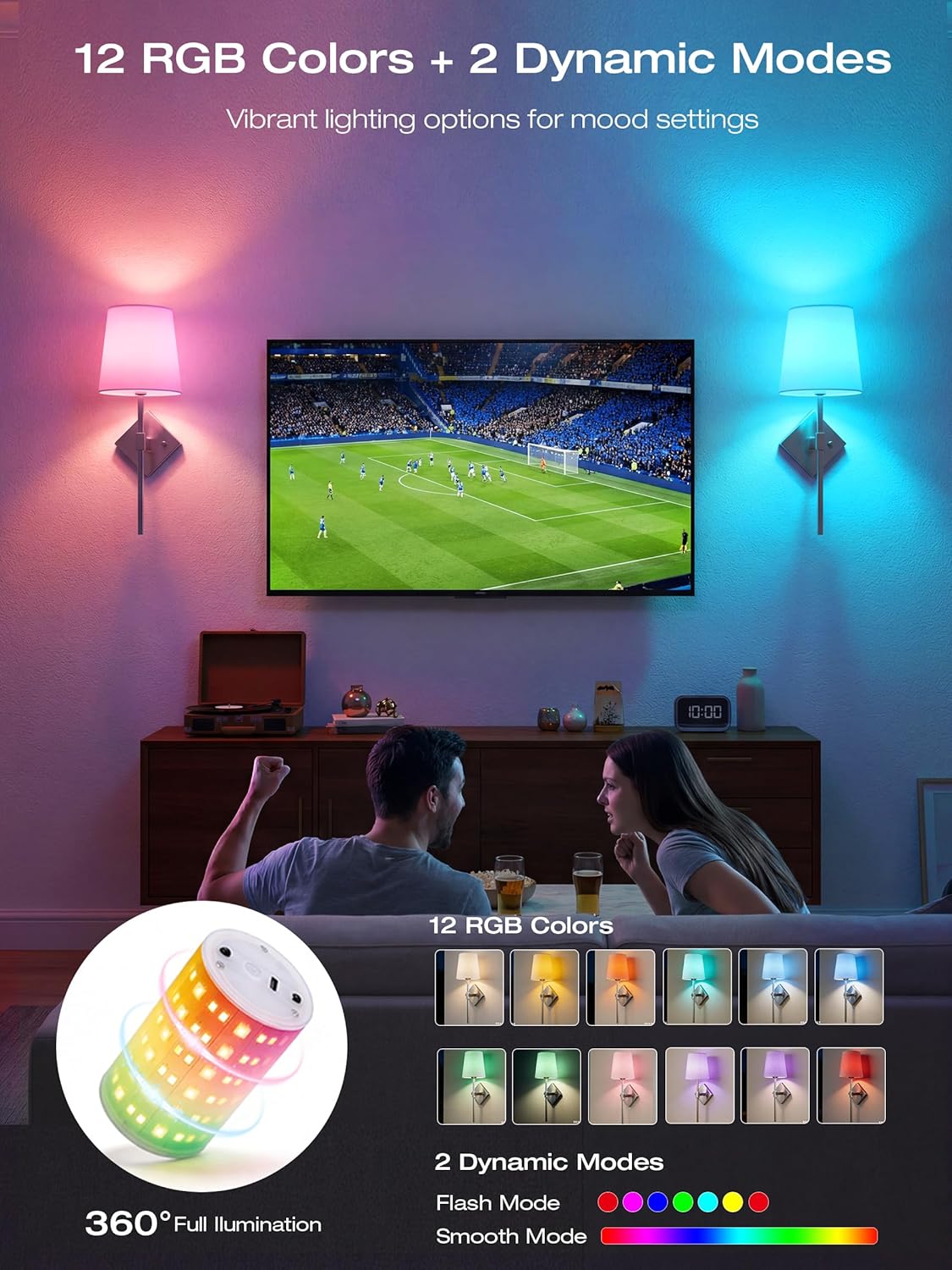CLOUDY BAY 10000mAh Battery Operated Wall Sconces,Up to 100 Hours with Rechargeable RGB Dimmable Magnetic Bulb,Cordless Wall Lighting Fixtures with Remote for Bedroom,Brushed Nickel,2 Pack-18inch