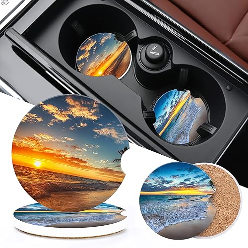 Miniatura 5 de Posavasos de Automóvil Amanecer en Playa Tropical para Portavasos, Atardecer sobre Playa con Palmera Posavasos de Cerámica para Portavasos de Puesta