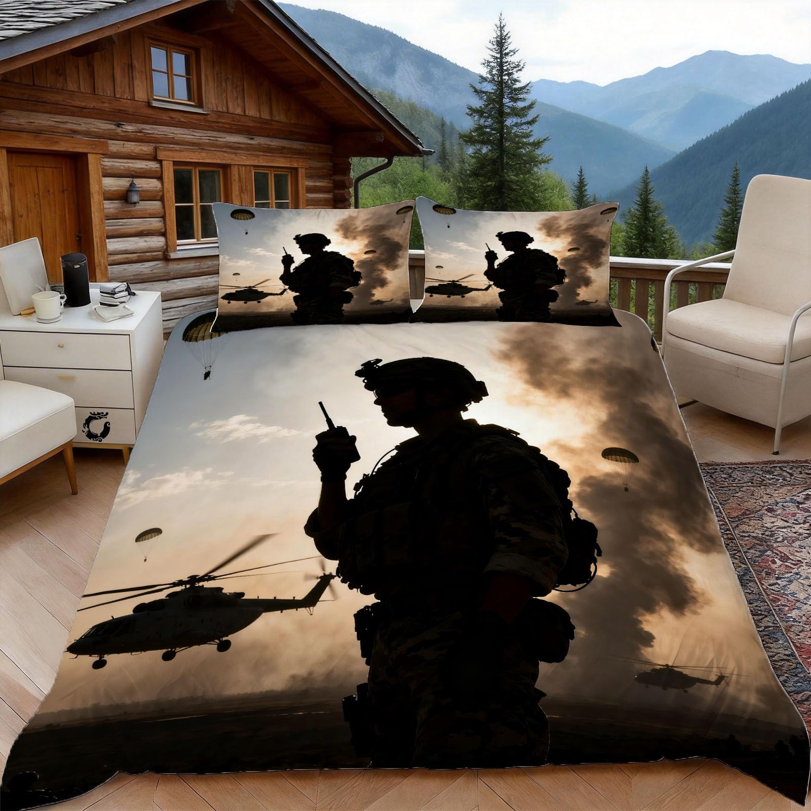3D Single Duvet Cover Set 3D Printed Military War Silhouette Bedding, War Soft Microfibre Duvet Cover Sets Quilt Cover and Pillow Set with Zipper 3 Pcs