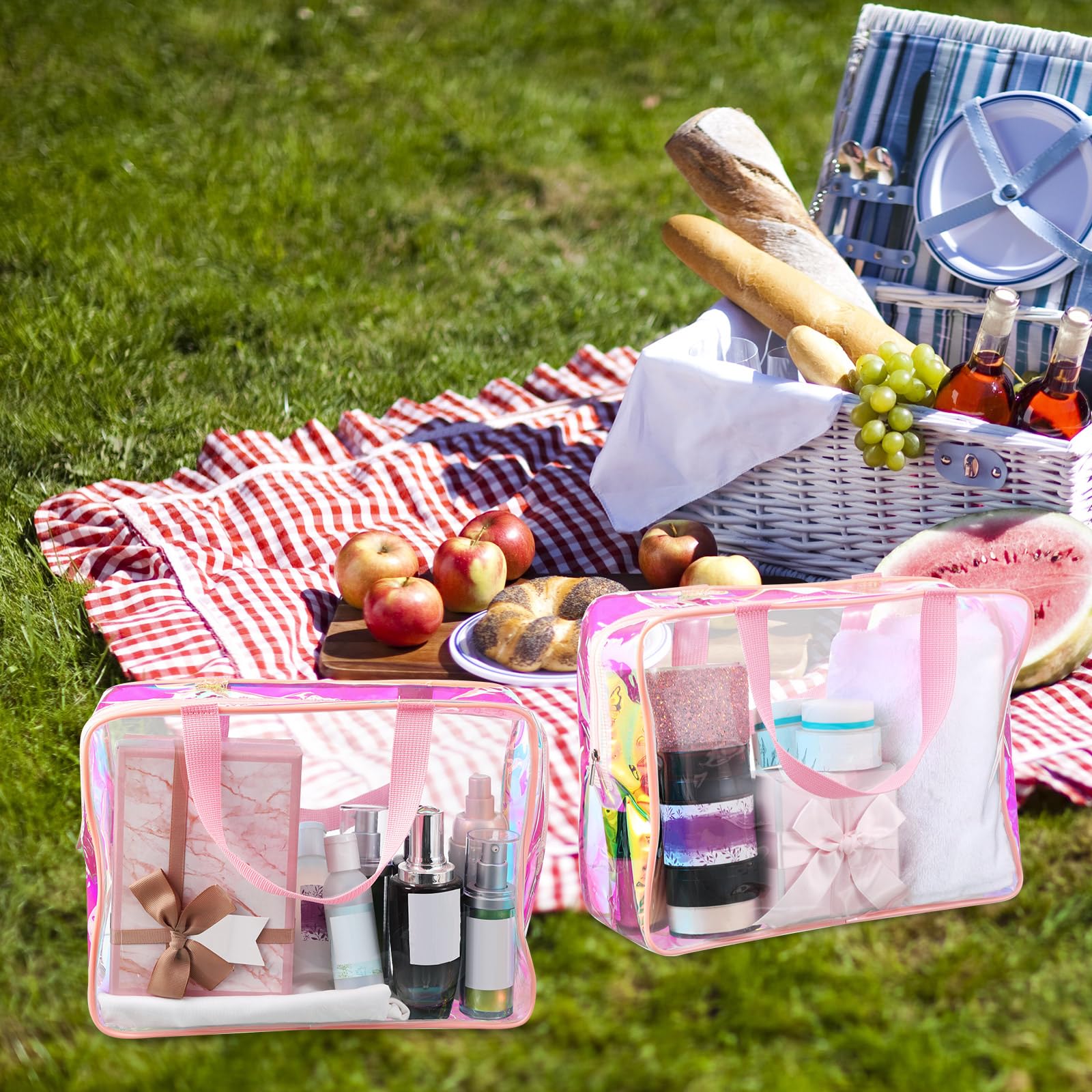 Sweetude Kulturbeutel mit Griff, groß, transparent, für Reisen, schillernd, Strand, Make-up-Tasche, PVC, transparent, für Kosmetik, Kleidung, Aufbewahrung für Damen und Herren, Pink, 12.2 x 3.94 x